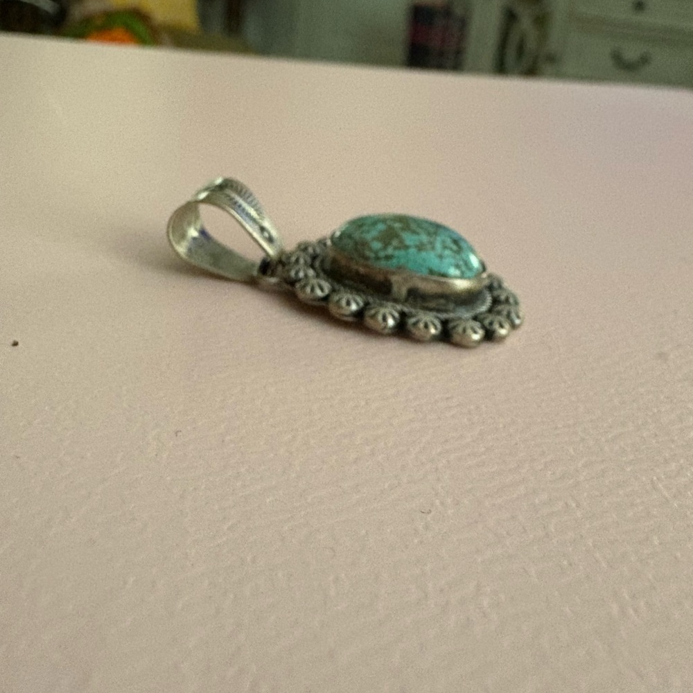 Paul Livingston marked Turquoise and Silver Pendant Necklace - Picture 2 of 5